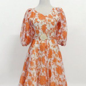 Zimmermann Style Postcard Orange Linen Silk Mini Dress Puff Sleeves